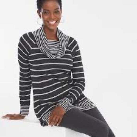 Chicos Zenergy size 3 Cowl Neck Black Gray Striped Tunic Pullover Viscose Blend - Picture 1 of 8